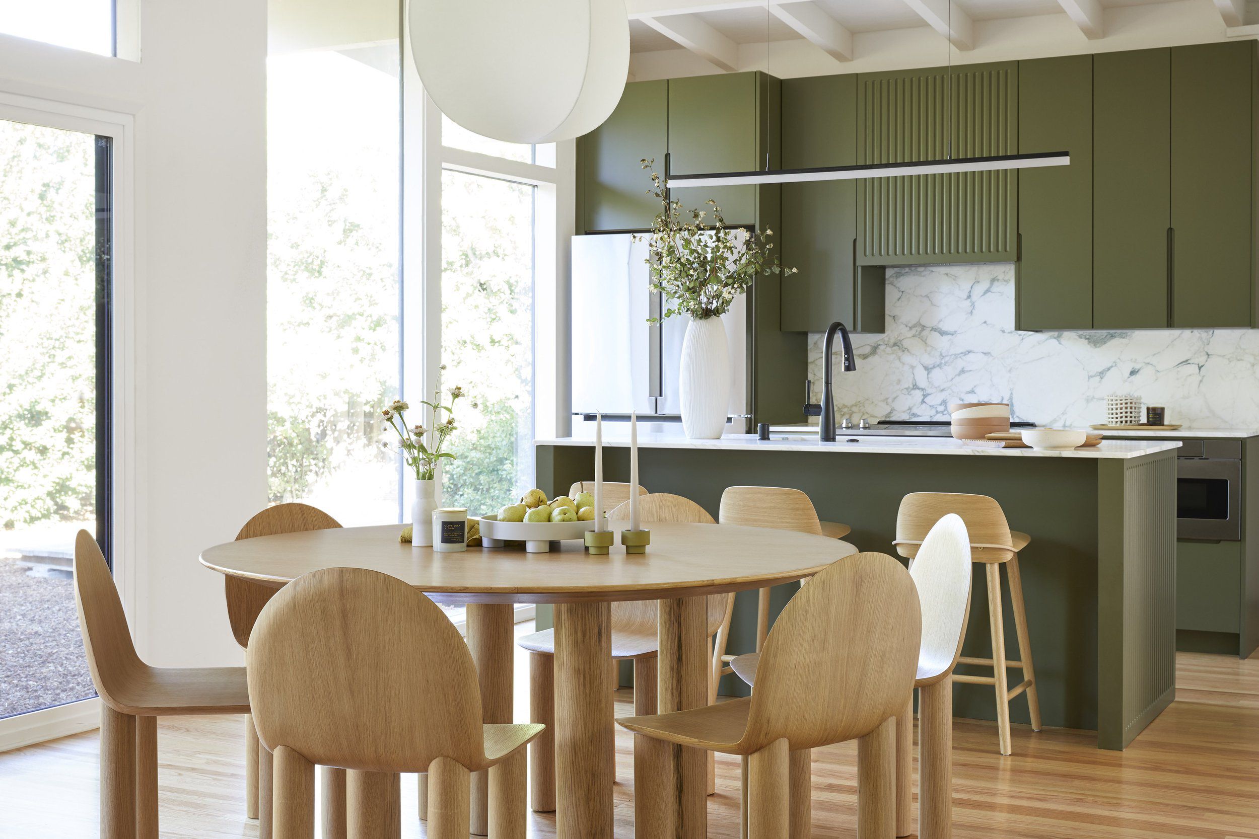 Olive Green + Light Wood, Airy and Natural